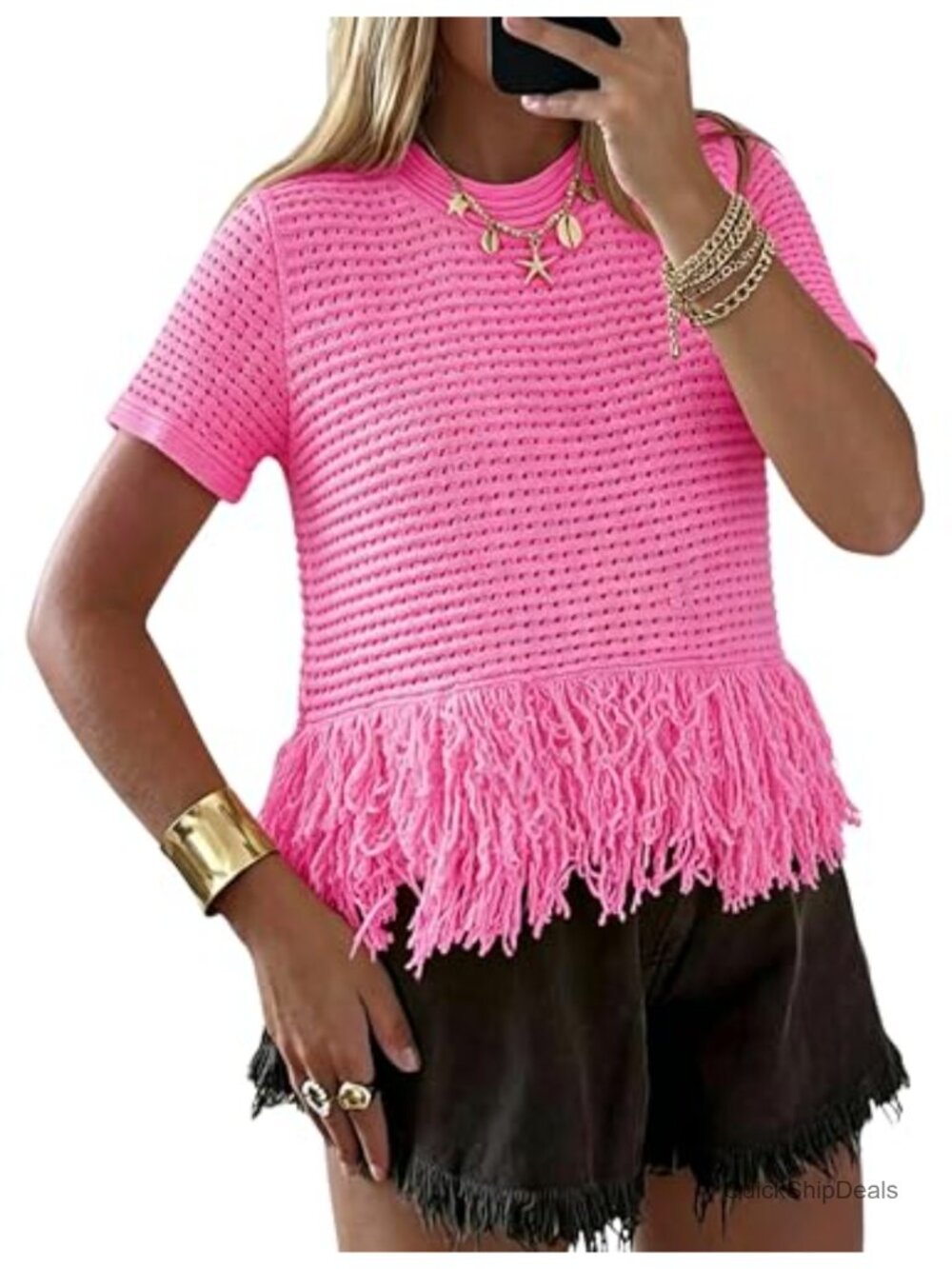Women Short Sleeve Fringe Top Boho Crochet Knit Pullover Sweater